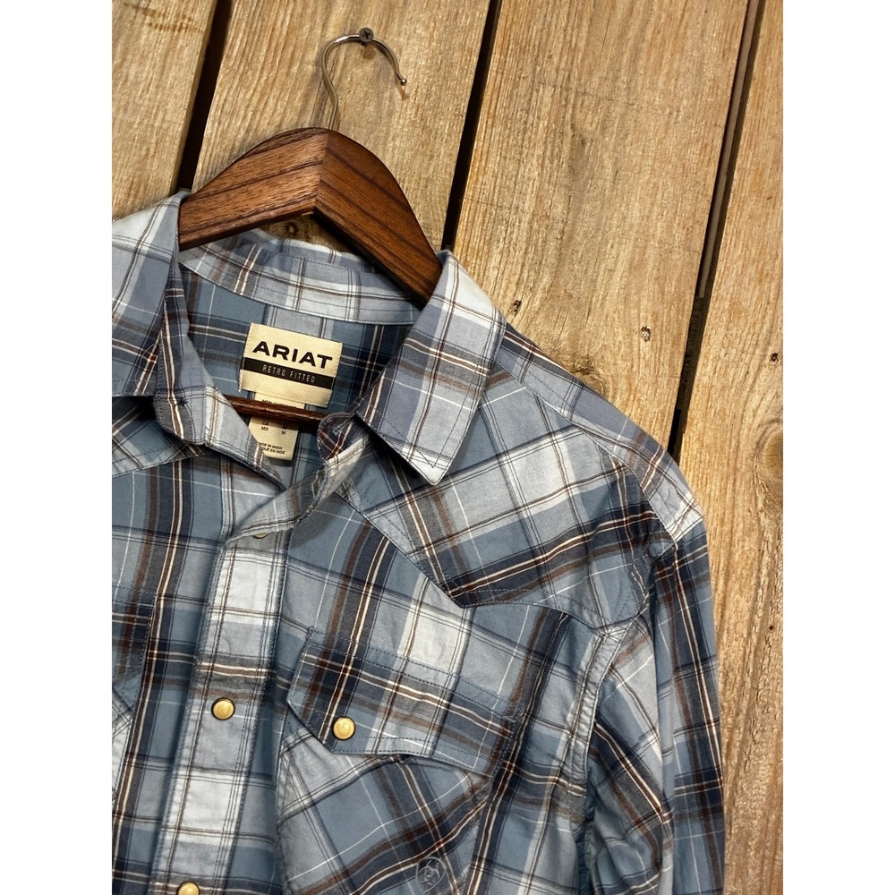 Ariat Retro Fitted Mens Medium Blue Plaid Pearl Snap Western Shirt Long Sleeve